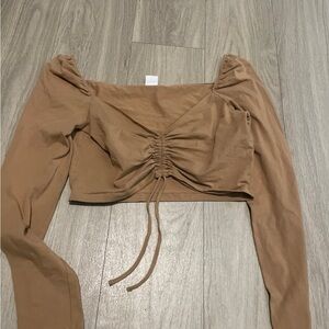 TNA Tan Ruched Long Sleeve Crop Top